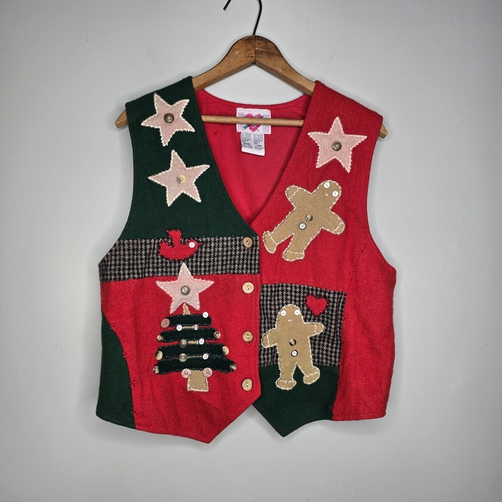 Keren Hart Christmas Vest Womens Large Red Green Gingerbread Tree Wool Blend L